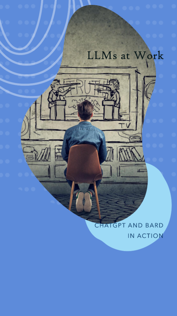 ilustração de dois LLMs, o CHATGPT e o Bard, sentados em frente a um computador